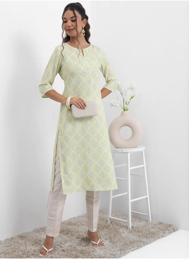 Vishudh Ethnic Motifs Printed Notched Neck Kurta by Styli