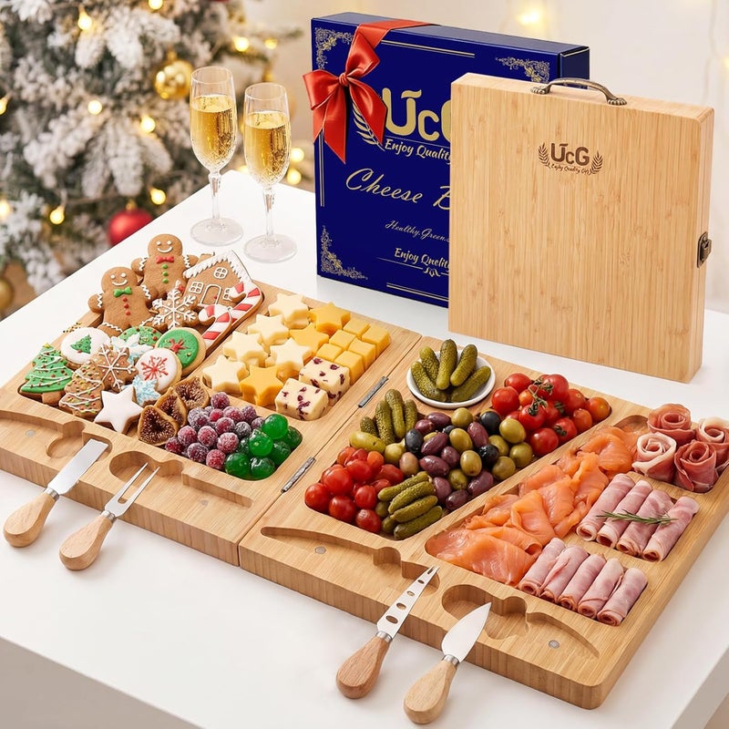 UTCG Charcuterie Board Gifts for Women: Bamboo Folding Cheese Board with Knife Set - Unique White Elephant Gift, Christmas Birthday Party House Warming Gift for Mom Wife Girlfriend - Image 1
