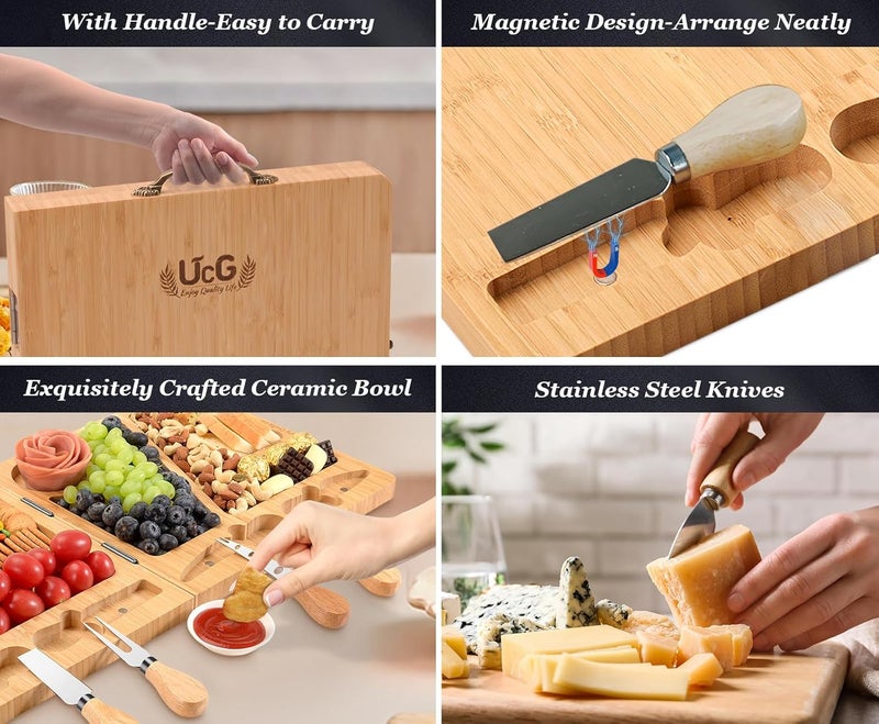 UTCG Charcuterie Board Gifts for Women: Bamboo Folding Cheese Board with Knife Set - Unique White Elephant Gift, Christmas Birthday Party House Warming Gift for Mom Wife Girlfriend - Image 5