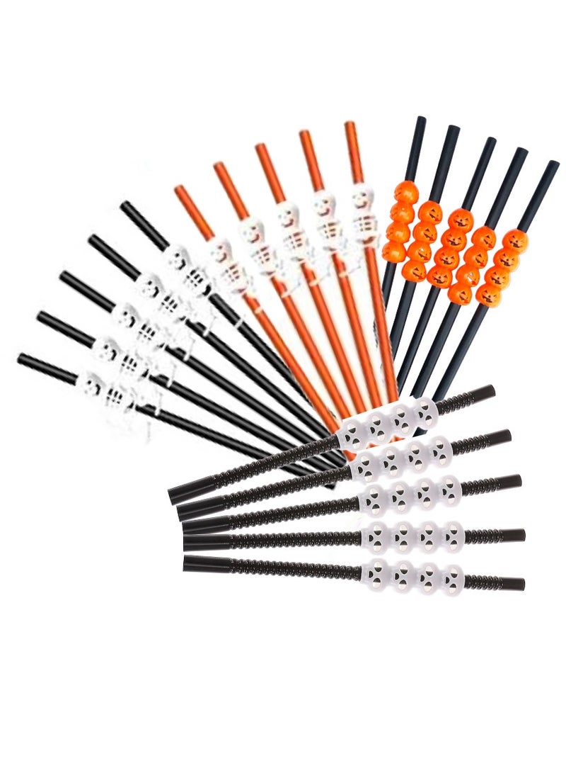 Boxwoods 20 Pcs Black Orange And White Plastic Pumpkin And Skeleten Ghost Design Large Size Drinking Straws - Image 1