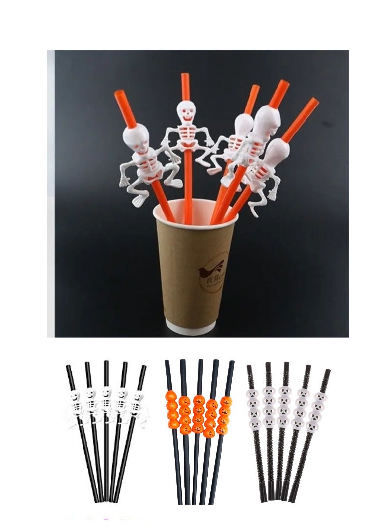 Boxwoods 20 Pcs Black Orange And White Plastic Pumpkin And Skeleten Ghost Design Large Size Drinking Straws - Image 2