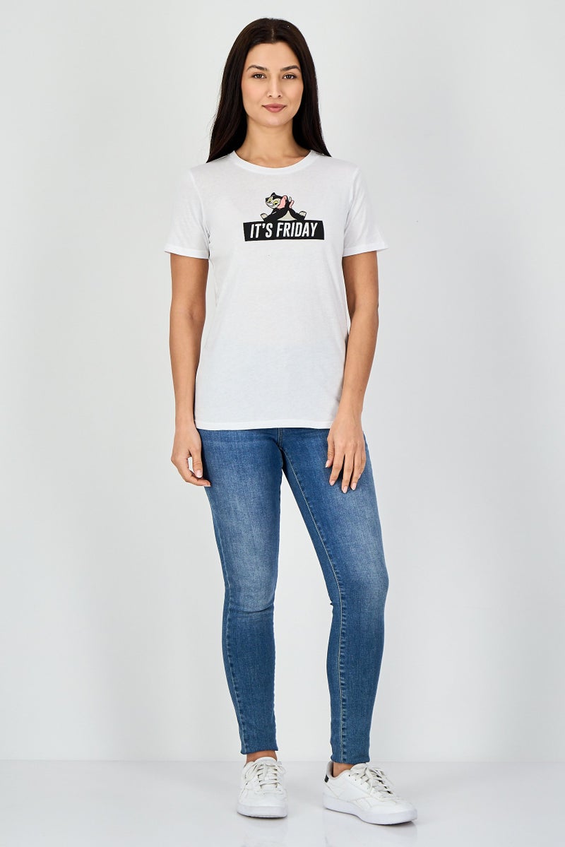 Undiz x Disney Pinocchio Women Crew Neck Graphic Print Short Sleeve T-Shirt, White - Image 4