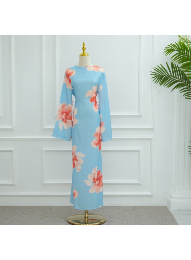 Women Floral Printed Round Neck Abaya Dress Flared Sleeve Tie Waist Loose Maxi Dress - Image 2
