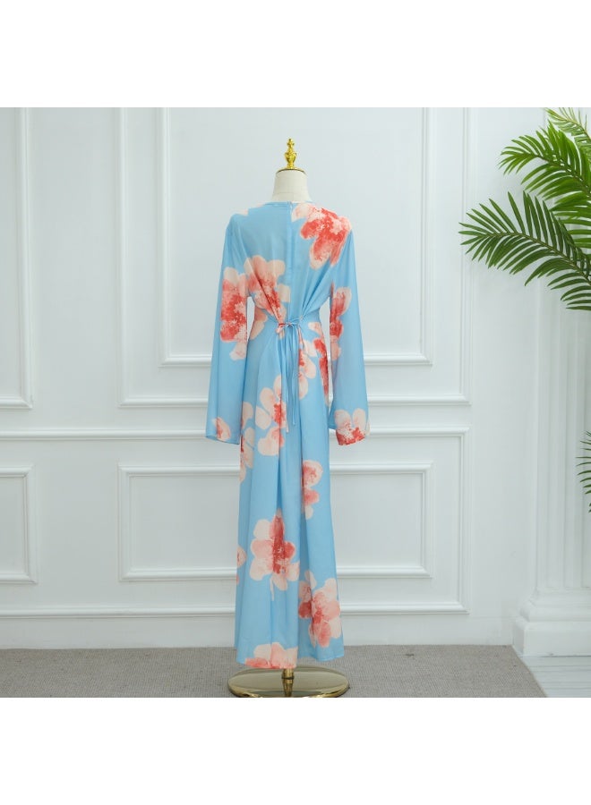 Women Floral Printed Round Neck Abaya Dress Flared Sleeve Tie Waist Loose Maxi Dress - Image 3