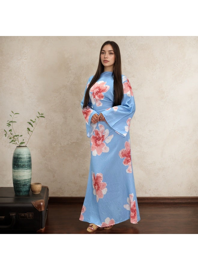 Women Floral Printed Round Neck Abaya Dress Flared Sleeve Tie Waist Loose Maxi Dress - Image 1