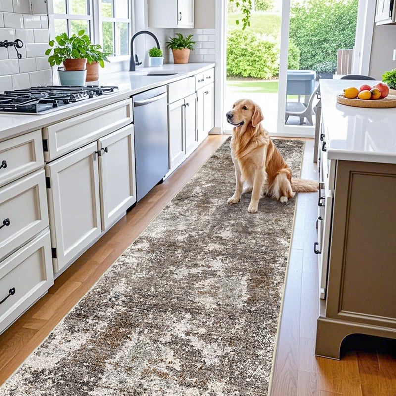 3x12 ft Long Hallway Runner Rug  NonSlip Washable Carpet Runners for Kitchen Entryway Bathroom Modern Abstract Neutral LowPile Thin Brown Beige3x12