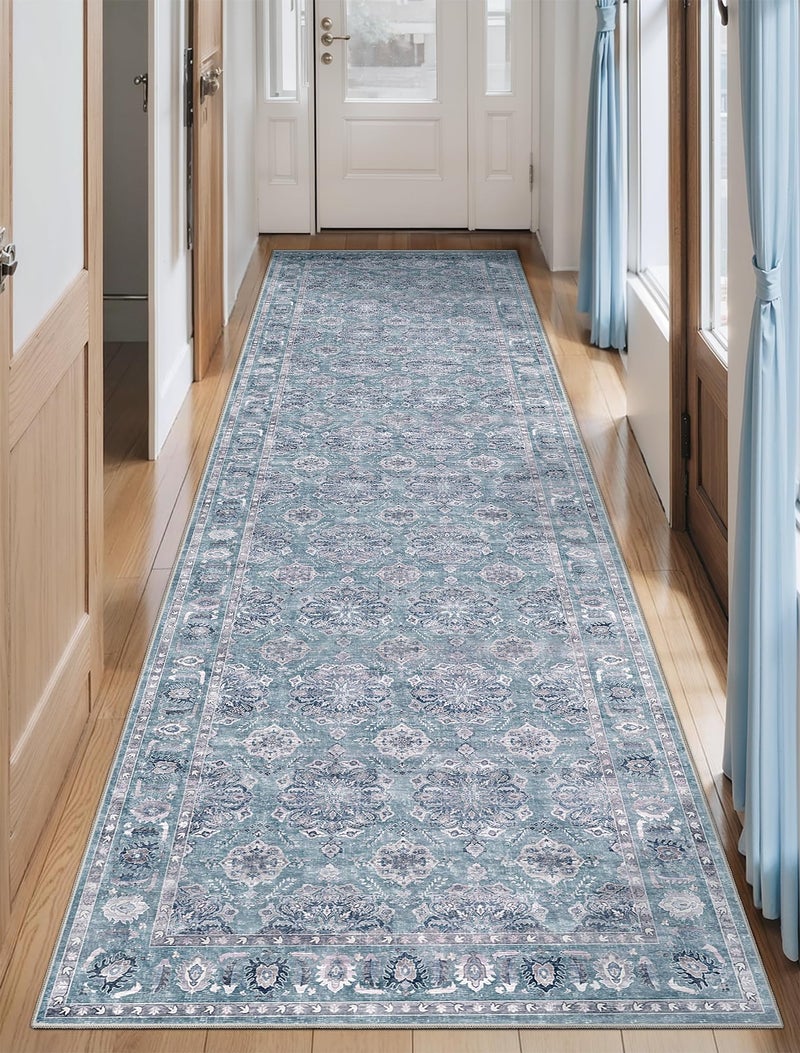 SERISSA Boho Washable Runner Rug, 2'6"x10' Long Non-Slip Vintage Floral Hallway Kitchen Stair Runner Rug Ultra Soft Print Distressed Blue Grey Floor Carpet for Bathroom Laundry Room - Image 1