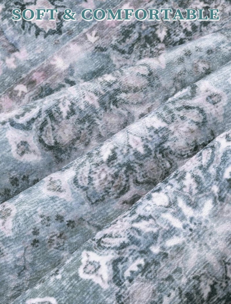 SERISSA Boho Washable Runner Rug, 2'6"x10' Long Non-Slip Vintage Floral Hallway Kitchen Stair Runner Rug Ultra Soft Print Distressed Blue Grey Floor Carpet for Bathroom Laundry Room - Image 4