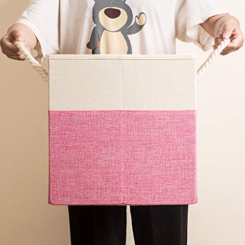 PRANDOM Large Foldable Cube Storage Bins 13x13 inch [4-Pack] Fabric Linen Storage Baskets Cubes Drawer with Cotton Handles Organizer for Shelves Nursery Closet Bedroom Pink - Image 5