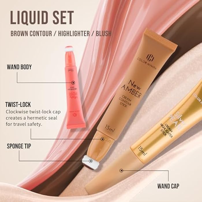 Color Nymph Liquid Makeup Wand Combo, Hydrating Brown Contour Stick Glow Liquid Highlighter Pigmented Blush For Cheeks Fine Texture Natural Blend Long Lasting (Brown Contour+Blush+Highlighter) - Image 4