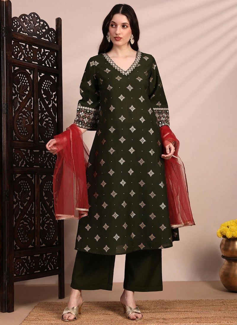 Globus Women Olive Silk Blend Ethnic Motif Embroidered Mirror Work A Line Kurta Set With Net Dupatta - Image 1