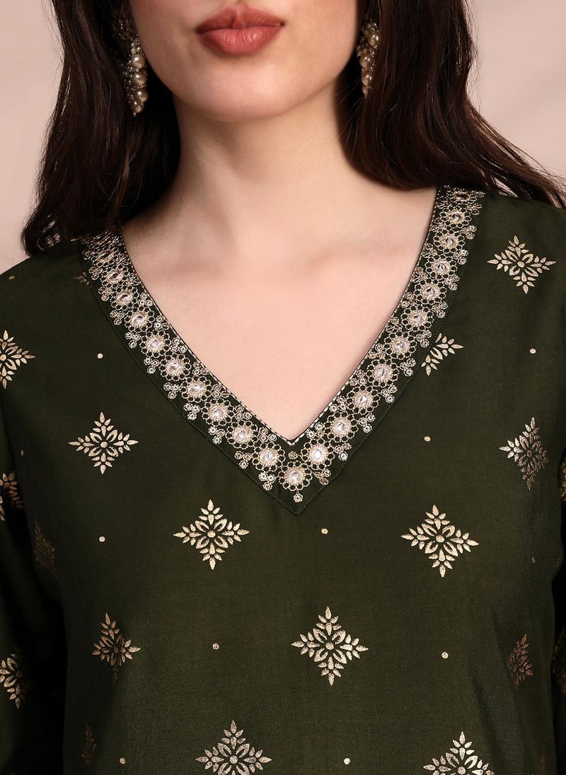 Globus Women Olive Silk Blend Ethnic Motif Embroidered Mirror Work A Line Kurta Set With Net Dupatta - Image 5