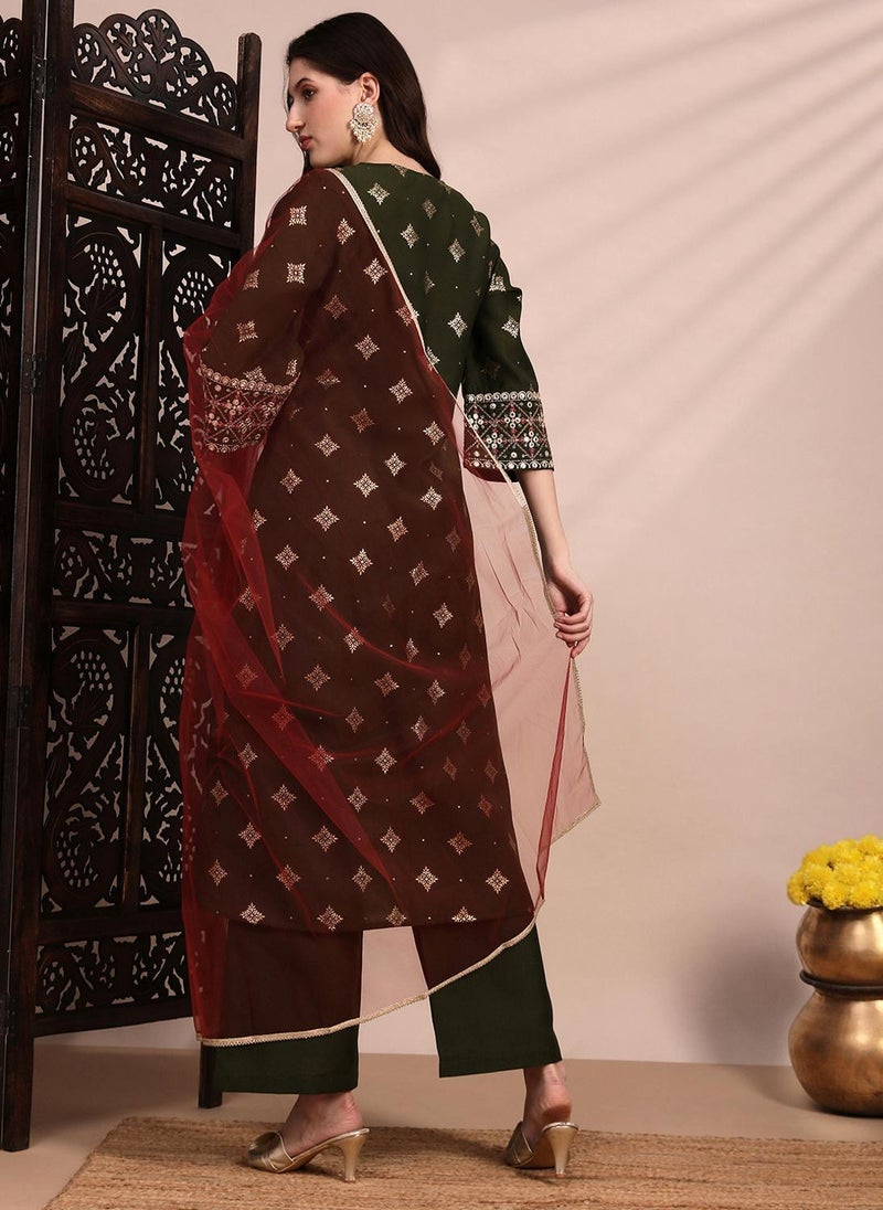 Globus Women Olive Silk Blend Ethnic Motif Embroidered Mirror Work A Line Kurta Set With Net Dupatta - Image 4
