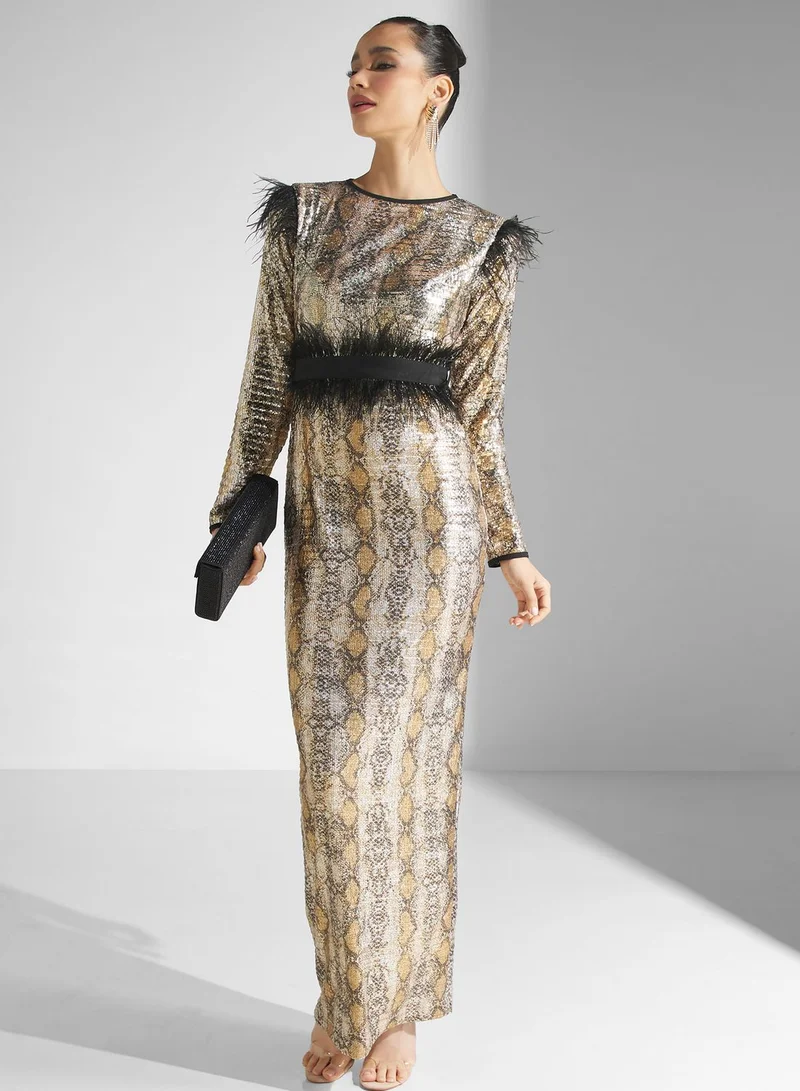 Golden Apple Sequin Detail Belted Dress