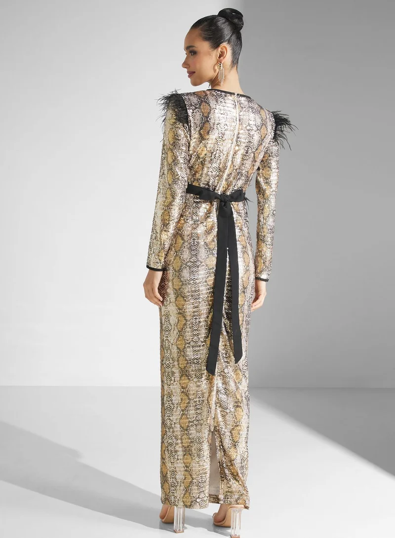 Golden Apple Sequin Detail Belted Dress