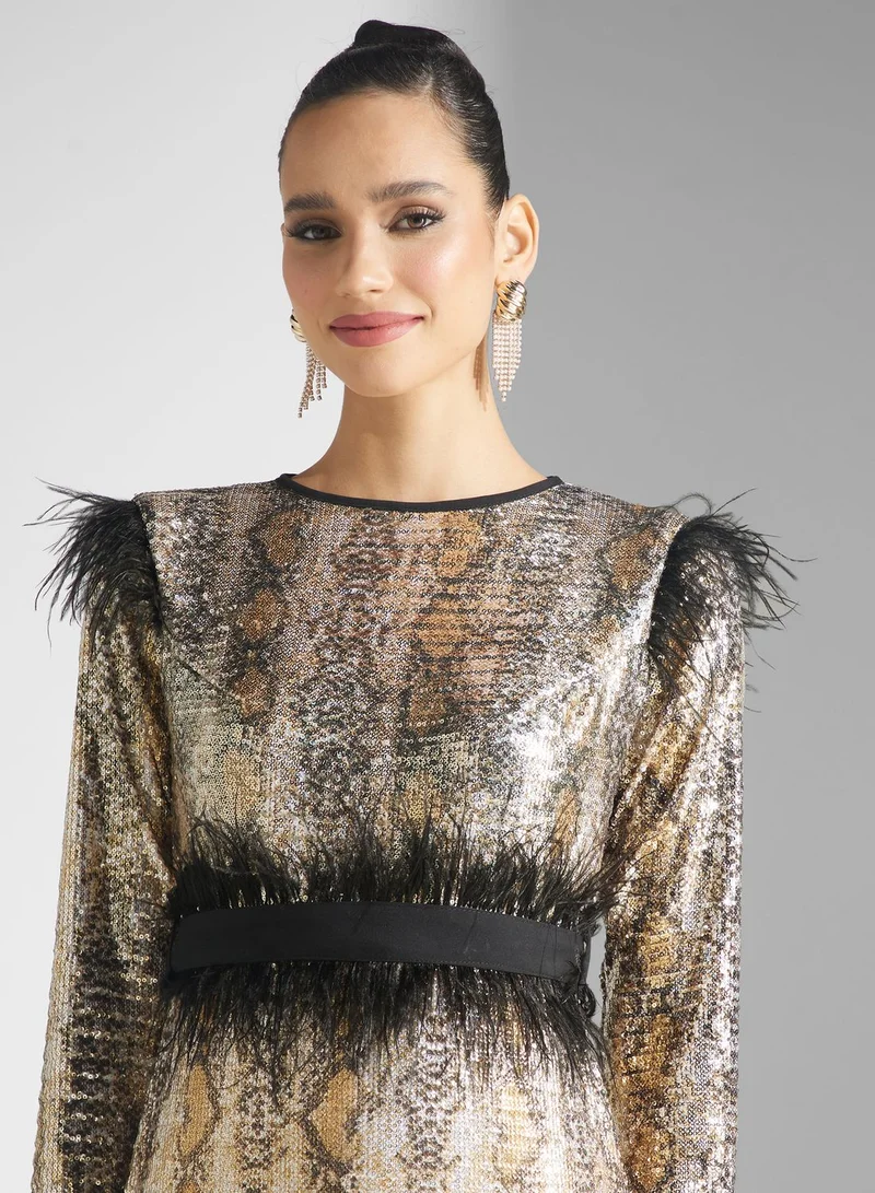 Golden Apple Sequin Detail Belted Dress