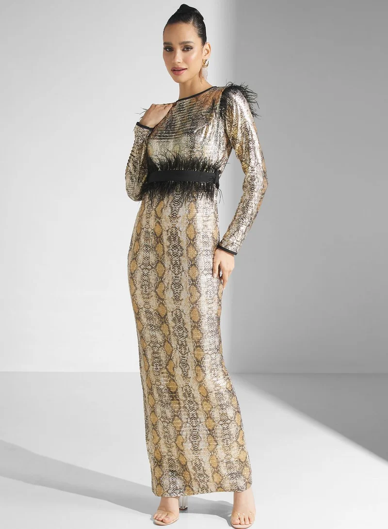 Golden Apple Sequin Detail Belted Dress