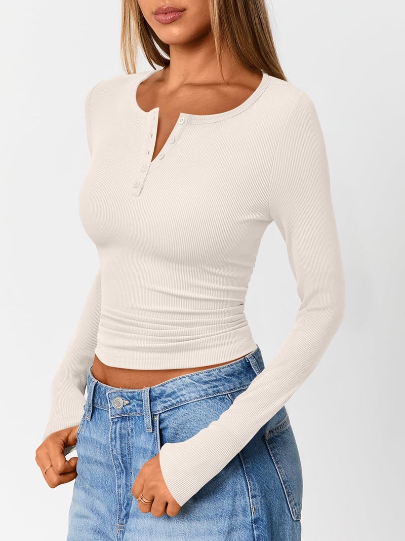Trendy Queen قمصان هينلي بأكمام طويلة عصرية للنساء لخريف وشتاء  م ribbed  حرارية بلوزات كاجوال أساسية تي شيرتات سويترات لطيفة بيج M - Image 3
