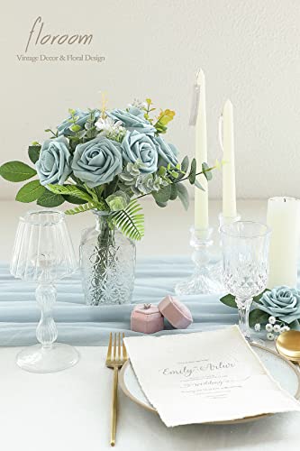 Floroom Artificial Flowers 25pcs Real Looking Dusty Blue Foam Fake Roses with Stems for DIY Wedding Bouquets Bridal Shower Centerpieces Floral Arrangements Party Tables Home Decorations - Image 3