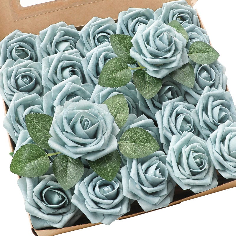Floroom Artificial Flowers 25pcs Real Looking Dusty Blue Foam Fake Roses with Stems for DIY Wedding Bouquets Bridal Shower Centerpieces Floral Arrangements Party Tables Home Decorations - Image 2