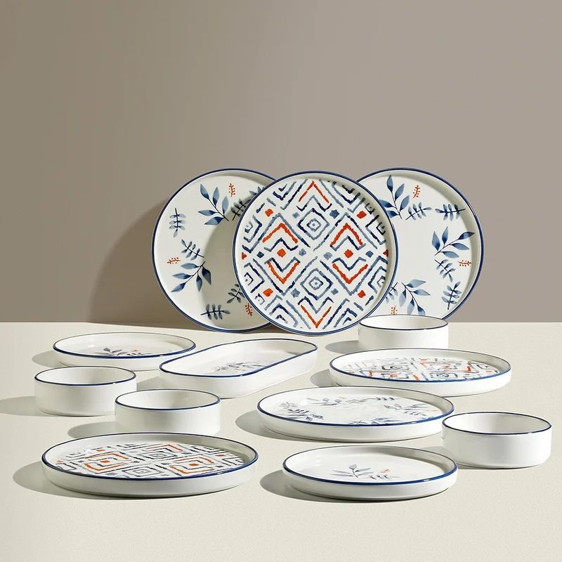 نهير Blue Orange 13 Piece Ceramic Breakfast Set for 6 People