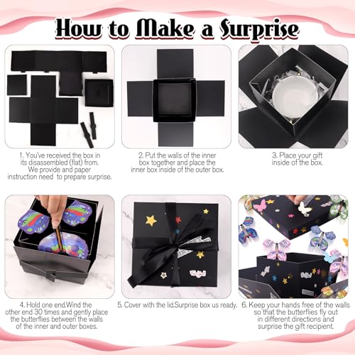 Welpurch Black Flying Butterfly Explosion Gift Box - Flying Butterflies Valentine's Day Gift Box with 4 Butterfly Sequins DIY Flying Butterfly Surprise Valentine's Day Birthdays Wedding Gift Box Explosion for Gifts Wrapping - Image 2