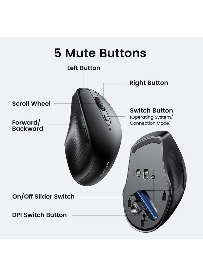 Ugreen Wireless Mouse Ergonomic, Up-graded Bluetooth Mouse & 2.4G USB Mice Dual Mode Cordless Silent Mouse for Tablet Noiseless Laptop Mice for PC Lenovo HP Dell Macbook Pro Air Smart TV Black - Image 3