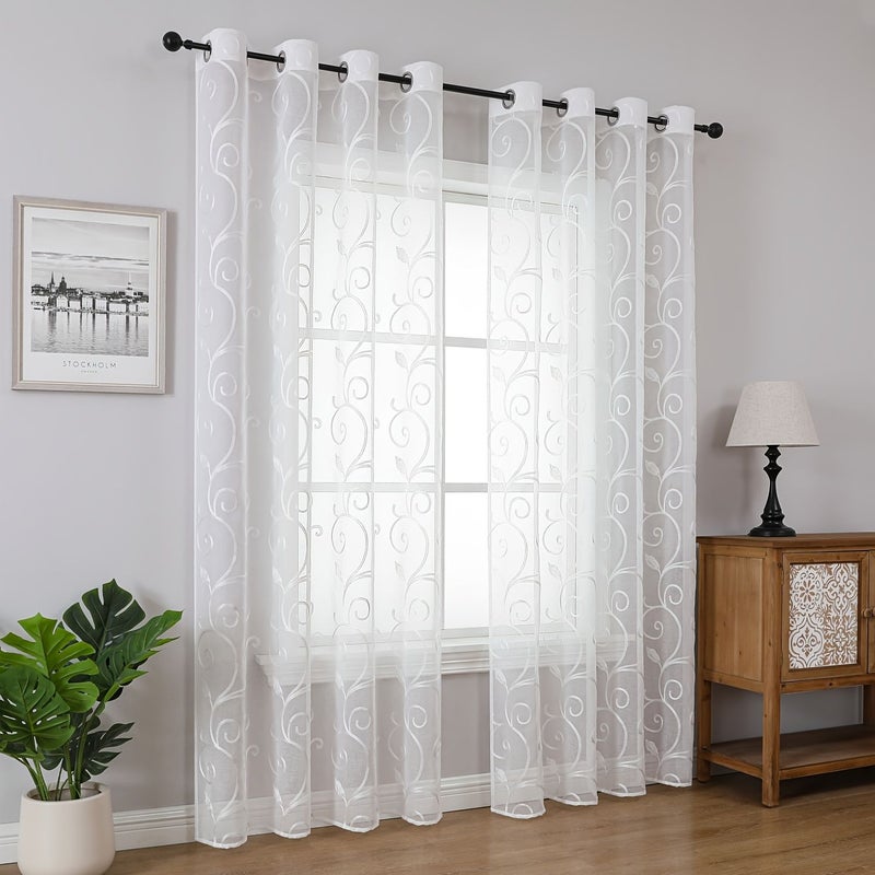 White Leaf Vine Embroidered Curtains 100x213cm for Bedroom Living Room - Image 3
