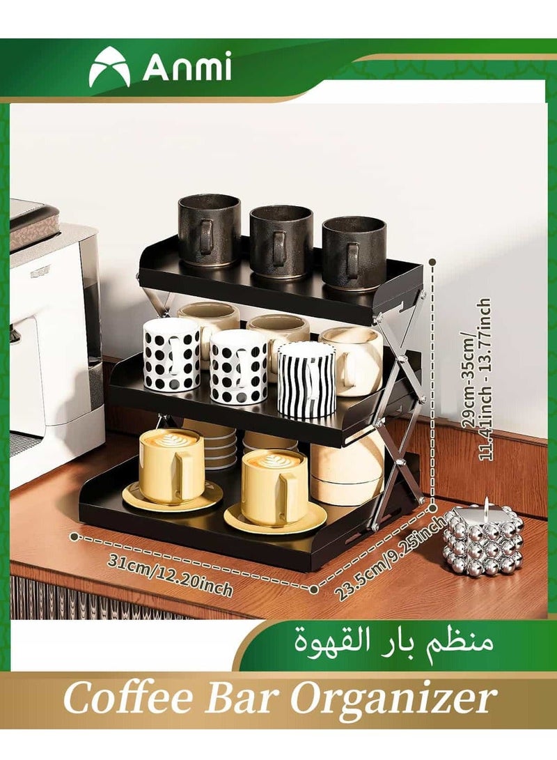 Anmi Coffee Bar Organizer for Countertop, 3 Tier Coffee Station Organizer, Collapsible Coffee Mug Cup Holder Shelf, Space-Saving Metal Coffee Bar Accessories for Home Office - Black - Image 1