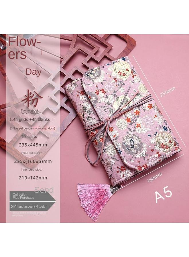 Bluejw Vintage Pocket Fabric Handbook Suit Ins Japanese A6 Cute High Color Value Loose-leaf Grid Notebook Handbook - Image 1