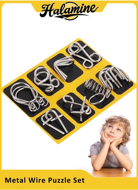 Metal Wire Puzzle Set of 8 with Pouch,Brain Teaser IQ Test Disentanglemen Iron Link Unlock Interlock Game Chinese Ring Magic Trick Toy for Party Favor Kids Adults Challenge