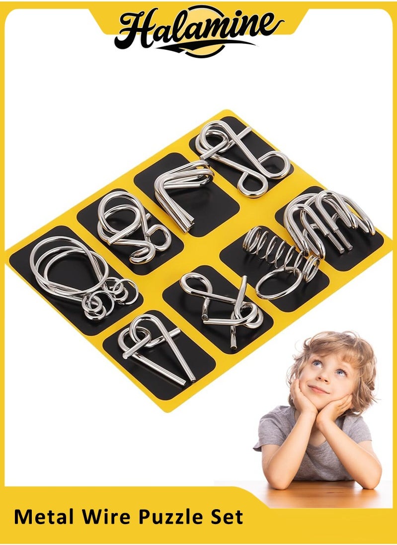 Metal Wire Puzzle Set of 8 with Pouch,Brain Teaser IQ Test Disentanglemen Iron Link Unlock Interlock Game Chinese Ring Magic Trick Toy for Party Favor Kids Adults Challenge