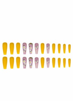 Luxury Yellow Press on Nails with Flowers and Rhinestones Pink Square Acrylic False Nails 24 pcs with Glue Stickers for Prom and Special Occasions