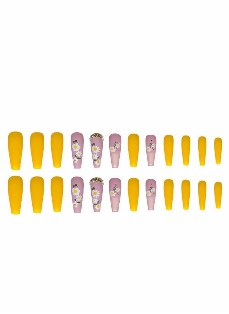 Generic - Luxury Yellow Press on Nails with Flowers and Rhinestones Pink Square Acrylic False Nails 24 pcs with Glue Stickers for Prom and Special Occasions - Image 1