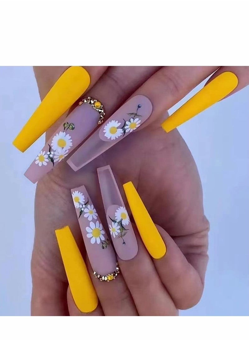 Generic - Luxury Yellow Press on Nails with Flowers and Rhinestones Pink Square Acrylic False Nails 24 pcs with Glue Stickers for Prom and Special Occasions - Image 1