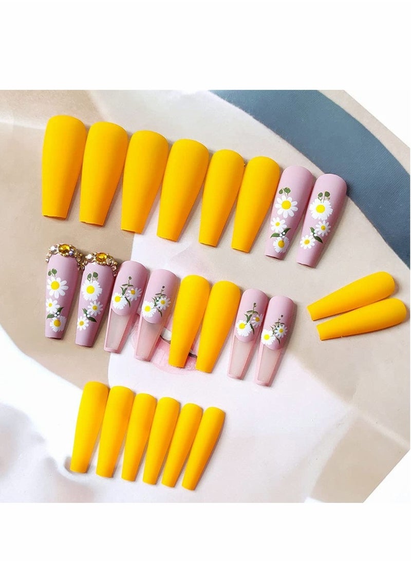 Generic - Luxury Yellow Press on Nails with Flowers and Rhinestones Pink Square Acrylic False Nails 24 pcs with Glue Stickers for Prom and Special Occasions - Image 1