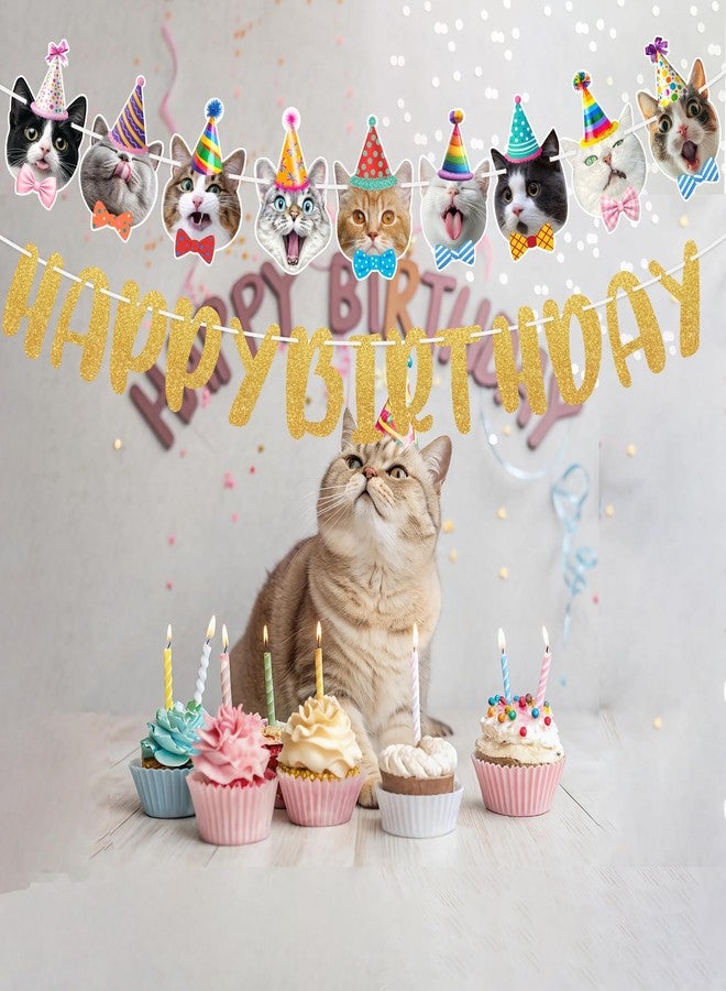 WEEPA Cat Birthday Decorations Cat Themed Party Decorations Cats Happy Birthday Banner Glittering Banner - Image 2