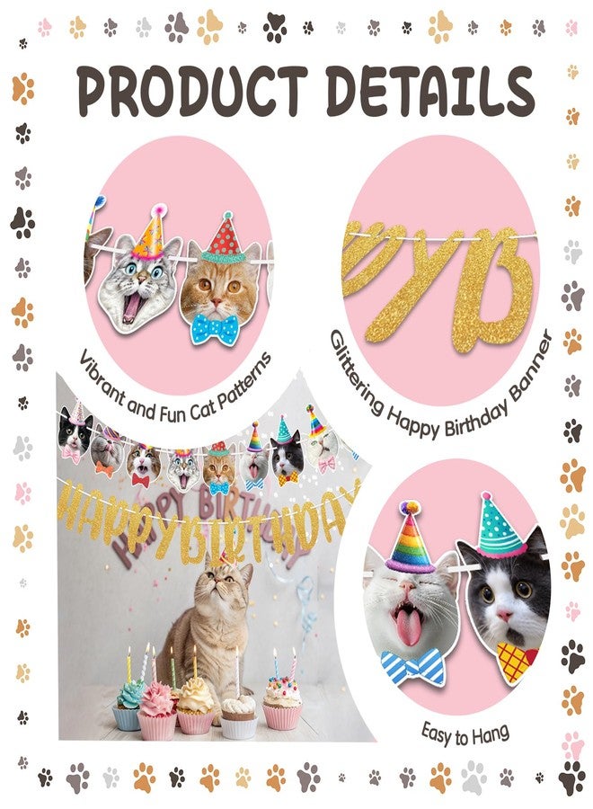 WEEPA Cat Birthday Decorations Cat Themed Party Decorations Cats Happy Birthday Banner Glittering Banner - Image 4