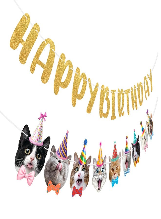 WEEPA Cat Birthday Decorations Cat Themed Party Decorations Cats Happy Birthday Banner Glittering Banner - Image 1