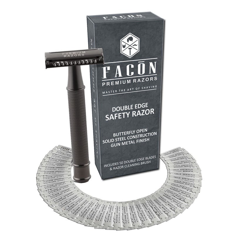 50 BLADES  Facn Vintage Long Handle Double Edge Safety Razor  Platinum Japanese Stainless Steel Blades  Butterfly Open Shaving Razor for Smooth Wet Shaving Experience  200 Shaves