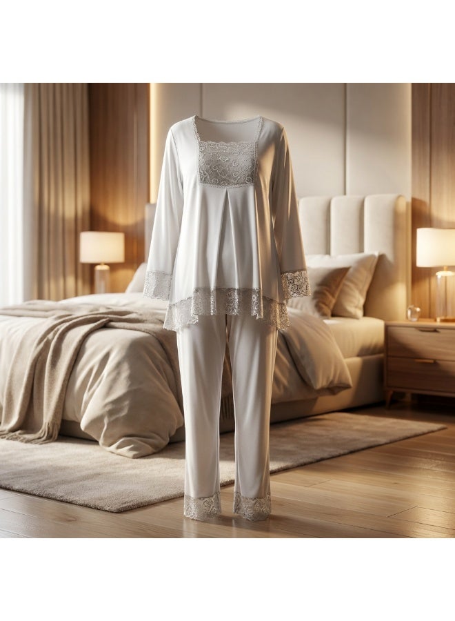 Women's Maternity & Nursing Two-Piece Pajama Set - Long Sleeve Button Front Top & Adjustable Waist Pants with Lace Details | Cotton Viscose Blend | Made in Turkey - Image 5