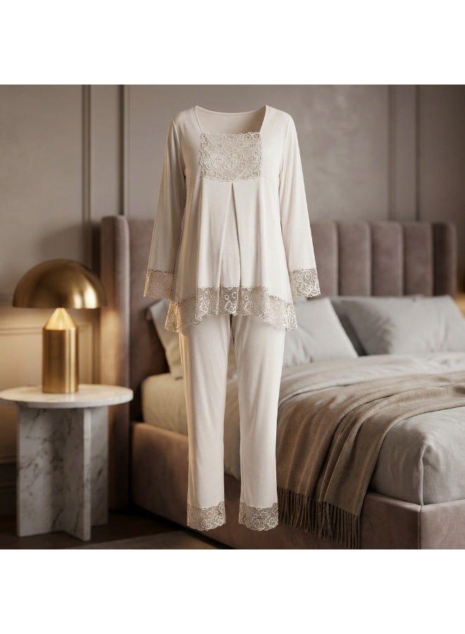 Women's Maternity & Nursing Two-Piece Pajama Set - Long Sleeve Button Front Top & Adjustable Waist Pants with Lace Details | Cotton Viscose Blend | Made in Turkey - Image 4