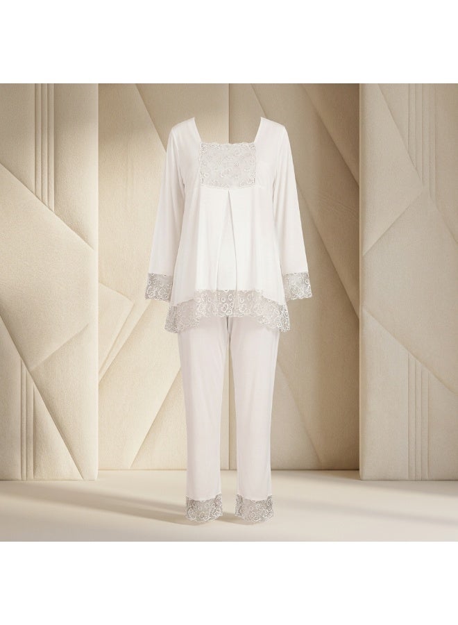 Women's Maternity & Nursing Two-Piece Pajama Set - Long Sleeve Button Front Top & Adjustable Waist Pants with Lace Details | Cotton Viscose Blend | Made in Turkey - Image 1