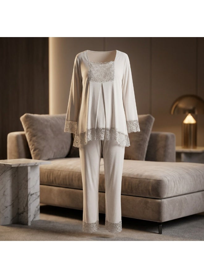 Women's Maternity & Nursing Two-Piece Pajama Set - Long Sleeve Button Front Top & Adjustable Waist Pants with Lace Details | Cotton Viscose Blend | Made in Turkey - Image 3
