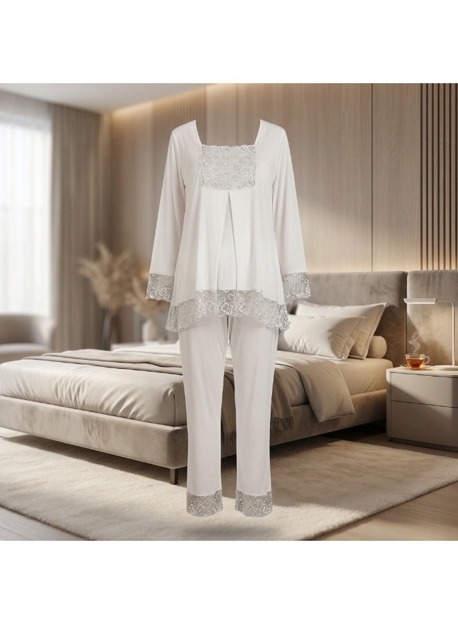 Women's Maternity & Nursing Two-Piece Pajama Set - Long Sleeve Button Front Top & Adjustable Waist Pants with Lace Details | Cotton Viscose Blend | Made in Turkey - Image 2