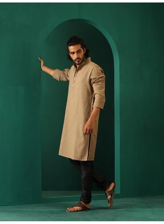 ترو برونز Men's  Beige Dobby Textured Kurta