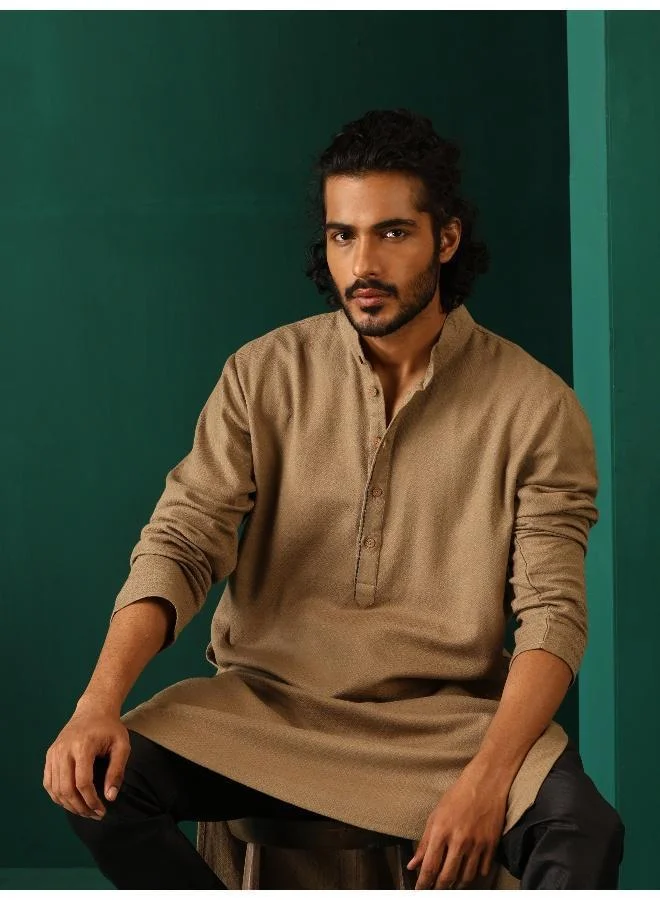 ترو برونز Men's  Beige Dobby Textured Kurta