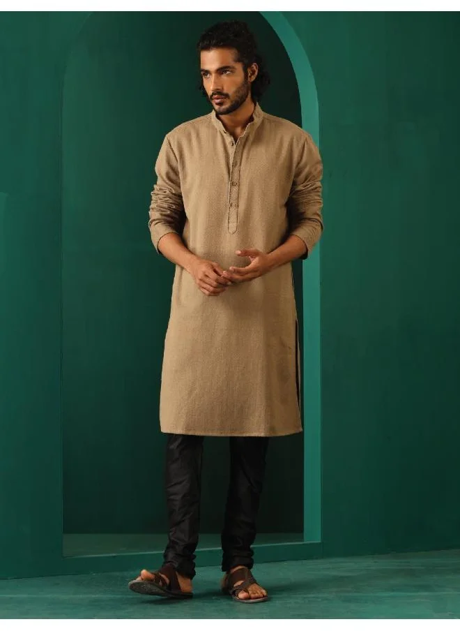 ترو برونز Men's  Beige Dobby Textured Kurta