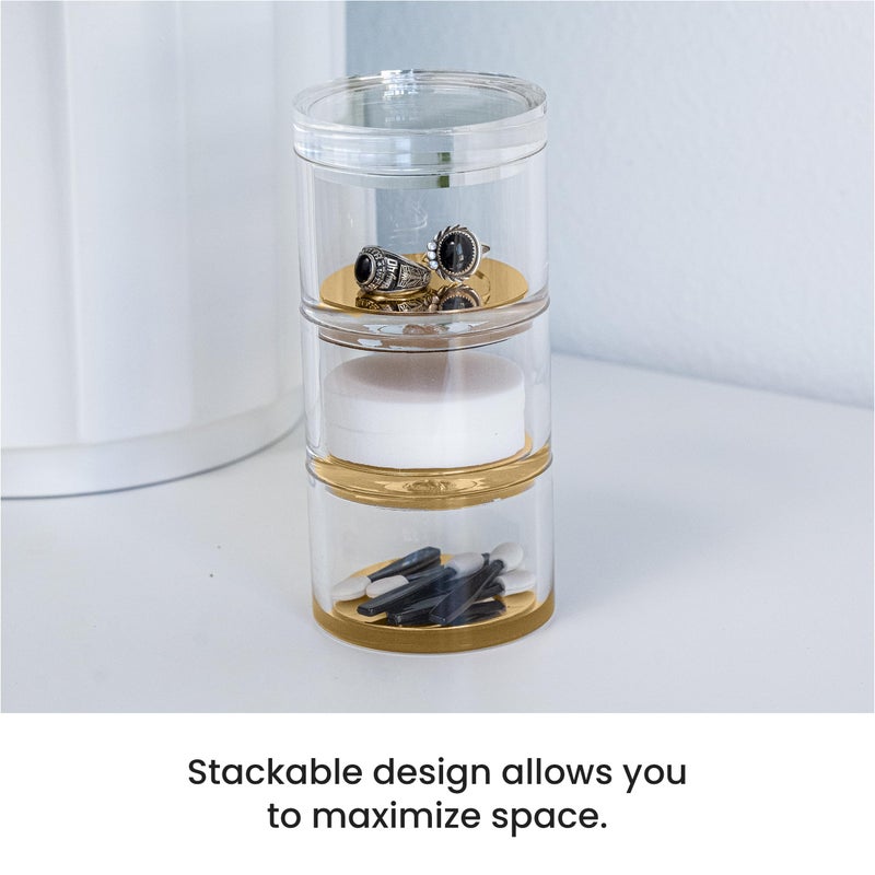 OfficeGoods 3-Tier Stackable Acrylic Holder- Stylish Desk Organizer and Storage for Office or Home - Transparent Round Design with Gold Metal Base - Image 4