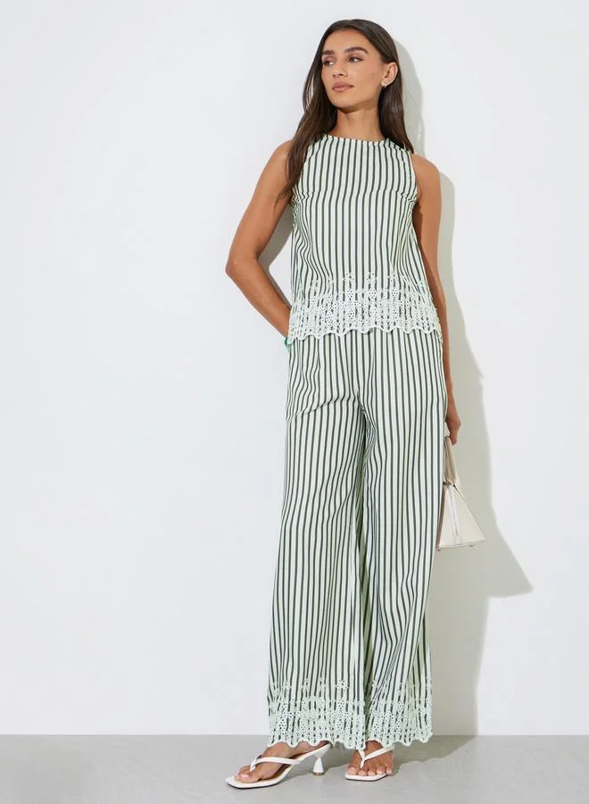Styli Multi-Color Striped Sleeveless Top And Wide Leg Trousers Set With Schiffli Trims